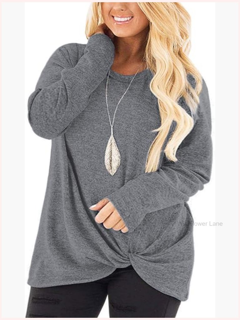 Plus Size Knotted Long Sleeve Tee Loose Casual Blouse Tunic Top
